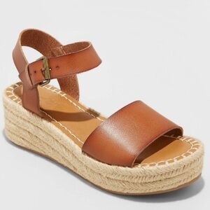 Cognac Faux Leather Two Piece Espadrille Wedge Sandals Size 7